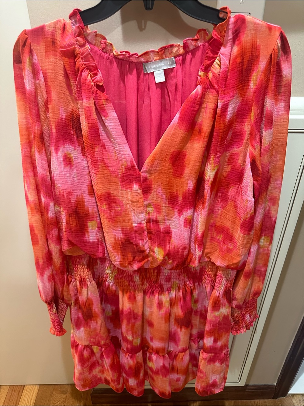 Chelsea28 Women’s Pink Orange Watercolor Ruffle V-Neck Dress Top